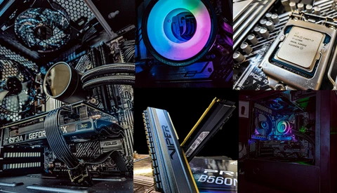 Computer hardware components including CPU cooler with RGB lighting, graphics card, RAM, and motherboard arranged in overhead composition.