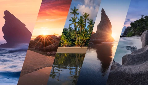 Composite image of five tropical coastal landscapes with dramatic sunrise and sunset lighting.