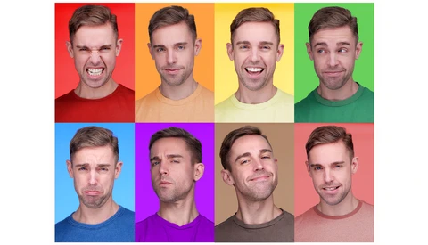 Grid of eight headshot portraits of the same man displaying different facial expressions and emotions against colored backgrounds.