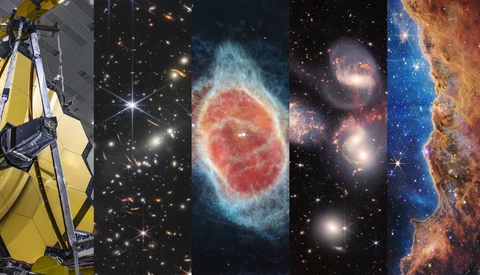 Composite showing James Webb Space Telescope and four deep-space astronomical observations including nebulae and galaxies.