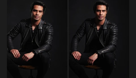 Man in black leather jacket seated against dark background, comparing two nearly identical portrait variations.
