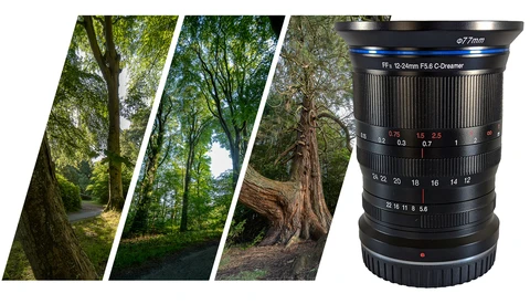 Fast wide-angle lens with focal length markings alongside forest landscape photographs.