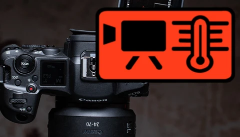 Canon cinema camera mounted on tripod with red graphic overlay showing video camera, thermometer, and temperature icons.