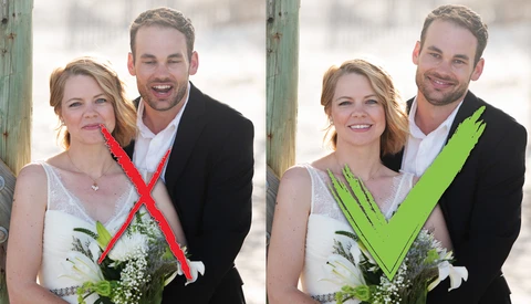Side-by-side comparison of an engaged couple with red X and green checkmark overlaid on their photo.