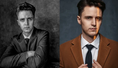Two side-by-side professional portrait photographs of men in business attire with different lighting and color treatments.