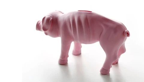 Illustration of a pink pig figurine standing in profile against a white background.