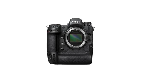 Nikon Z9 mirrorless camera body shown from front, displaying sensor and control layout.