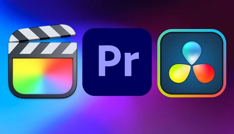 Graphic showing icons for Final Cut Pro, Adobe Premiere Pro, and DaVinci Resolve video editing software.