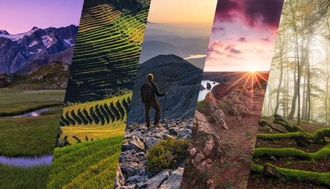 Composite image showing diverse landscapes with a hiker standing on rocky terrain in the center panel.
