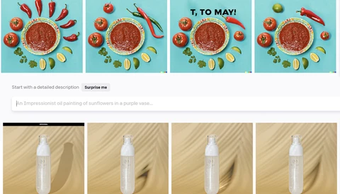 Four variations of a styled food photography composition featuring a central bowl surrounded by tomatoes and ingredients.