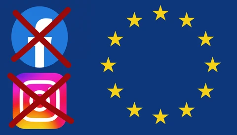 Illustration of EU flag with crossed-out symbols for wind and solar power generation.