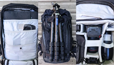 Three camera backpacks displayed open from above, showing interior organization and gear storage capacity.
