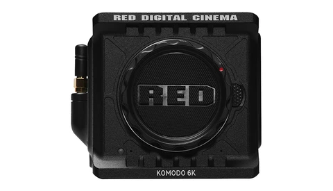 RED Komodo 6K digital cinema camera body with lens mount and control buttons visible.