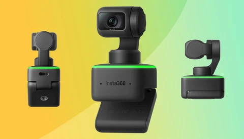 Three compact gimbal cameras displayed against a gradient yellow-to-green background.