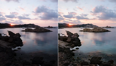 Before and after comparison of a coastal sunset with rocky outcrops and islands, showing enhanced color saturation and clarity in post-processing.