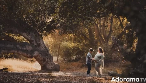 Two people standing beneath a large, gnarled tree on a sun-dappled path in a wooded area.