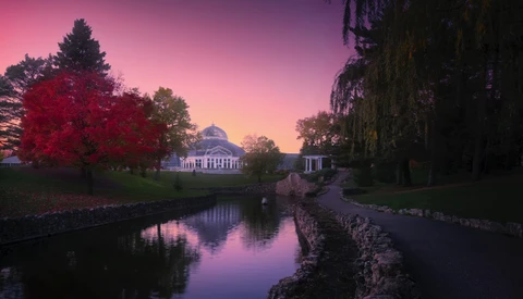Classical white building reflected in still water at twilight, framed by autumn trees and weeping willow.