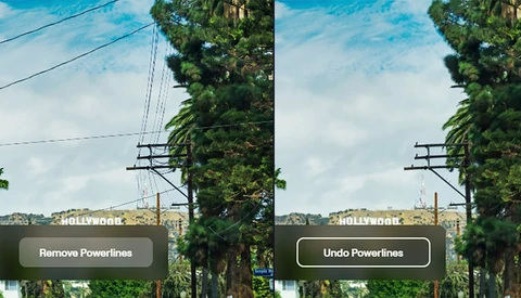 Screenshot showing before-and-after editing interface with powerline removal options over an urban landscape.