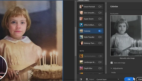 Screenshot of photo editing software showing colorize tool interface with before and after comparison of a child's portrait.