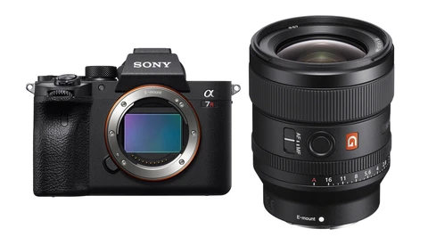 Sony a7R V mirrorless camera body next to a Sony FE 24mm f/1.4 GM prime lens.