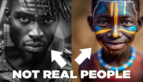 Comparison graphic showing black and white portrait on left with arrow pointing to colorful face-painted portrait on right, labeled "NOT REAL PEOPLE."