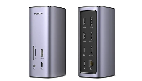 Front and rear views of a gray cylindrical USB hub with multiple ports visible on the back panel.