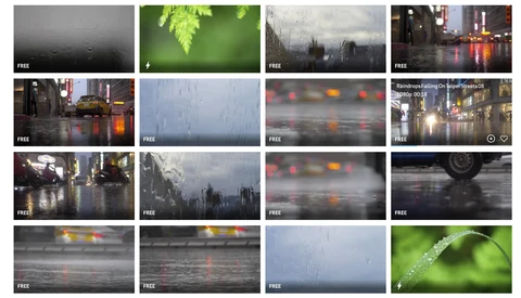 Grid of 16 free stock photos featuring rainy urban scenes, nature details, and atmospheric weather conditions.