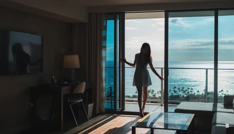 Woman in silhouette standing on a high-rise balcony overlooking a coastal landscape at sunset.