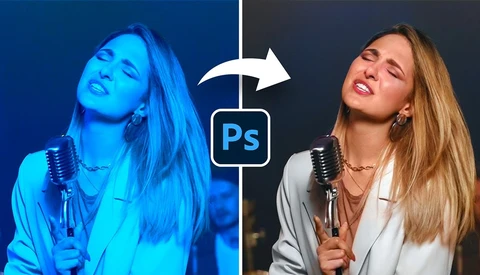 Graphic showing color grading transformation of a female singer with microphone, from cool blue tones to warm neutral tones.