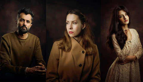 Three portrait photographs with dark backgrounds showing different subjects in neutral poses.