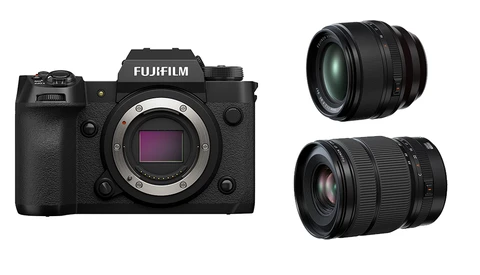 Fujifilm H1 mirrorless camera body with two interchangeable lenses displayed separately.