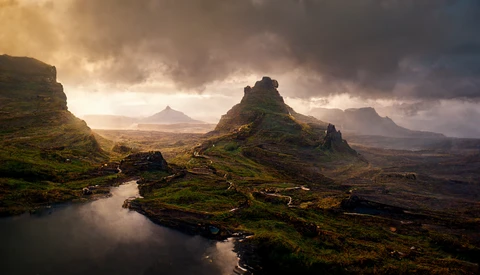 Dramatic landscape with moss-covered peaks, a winding road, and moody storm clouds breaking into golden light.