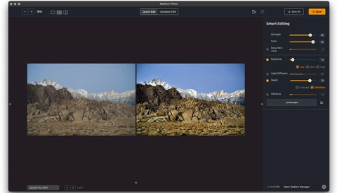 Screenshot of photo editing software showing before and after comparison of a desert mountain landscape with adjustment sliders.
