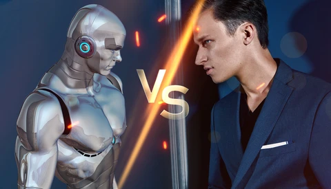 Illustration of a metallic robot facing a man in a blazer with a glowing versus symbol between them.