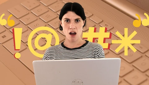 Person in striped shirt at laptop with colorful text overlay expressing frustration.