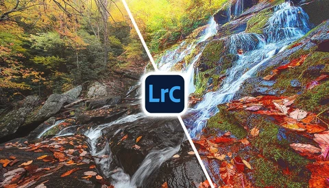 Adobe Lightroom Classic logo overlaid on a split-screen comparison of a forest waterfall scene with vibrant autumn foliage.