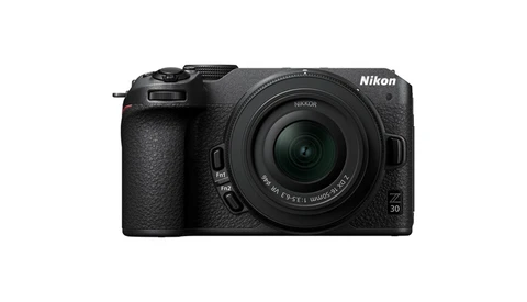 Nikon Z30 mirrorless camera with 18-50mm kit lens, shown front-facing against white background.
