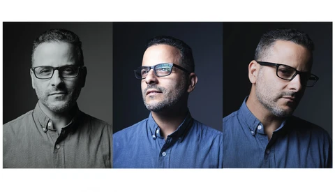Three men wearing glasses and button-up shirts in separate portrait photos with dark backgrounds.