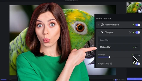 Screenshot of image editing software showing sharpening and noise reduction controls applied to a portrait.
