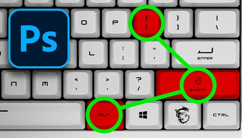 Screenshot of Adobe Photoshop keyboard showing highlighted modifier keys ALT, SHIFT, and ENTER with green connecting lines.