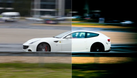 White sports car split into four panels showing motion blur photography techniques and processing variations.