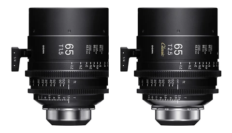Side-by-side comparison of two 65mm cinema lenses with focus markings and specifications visible on their barrels.