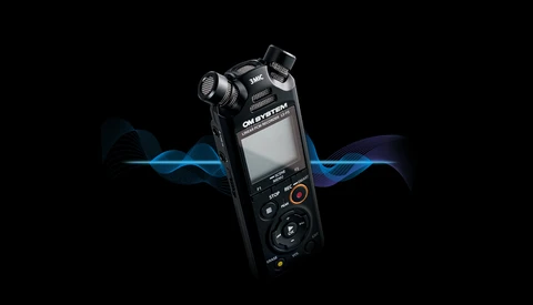Handheld audio recording device with illuminated blue waveform graphic on black background.