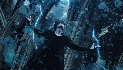 Man in black clothing suspended among towering blue-tinted skyscrapers with lightning effects.