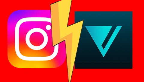 Graphic illustration comparing Instagram and Vsco logos separated by a lightning bolt against a red background.