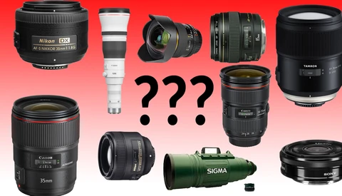 Collection of camera lenses arranged on a red gradient background with question marks in the center.