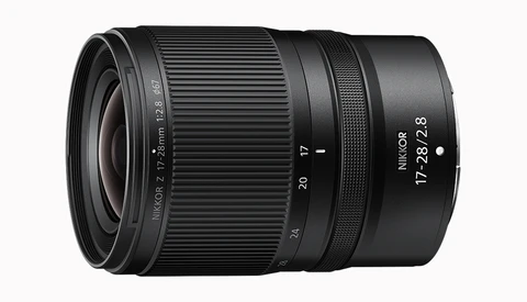 Nikon Z mount 17-28mm f/2.8 wide-angle zoom lens against white background.