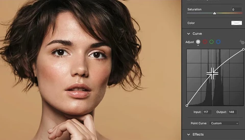 Screenshot of portrait retouching workflow showing curve adjustment interface in editing software.