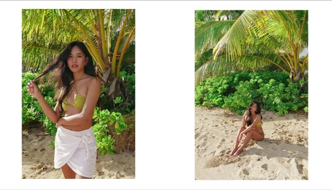 Two beach portrait photos of a woman posing near palm trees and tropical vegetation on sand.