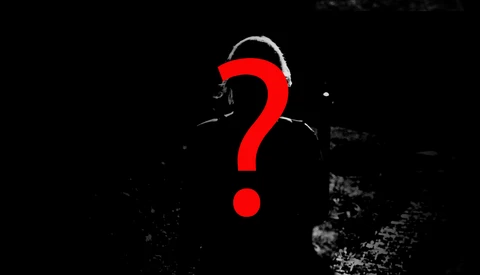 Large red question mark overlaid on a silhouetted figure against a dark, textured background.